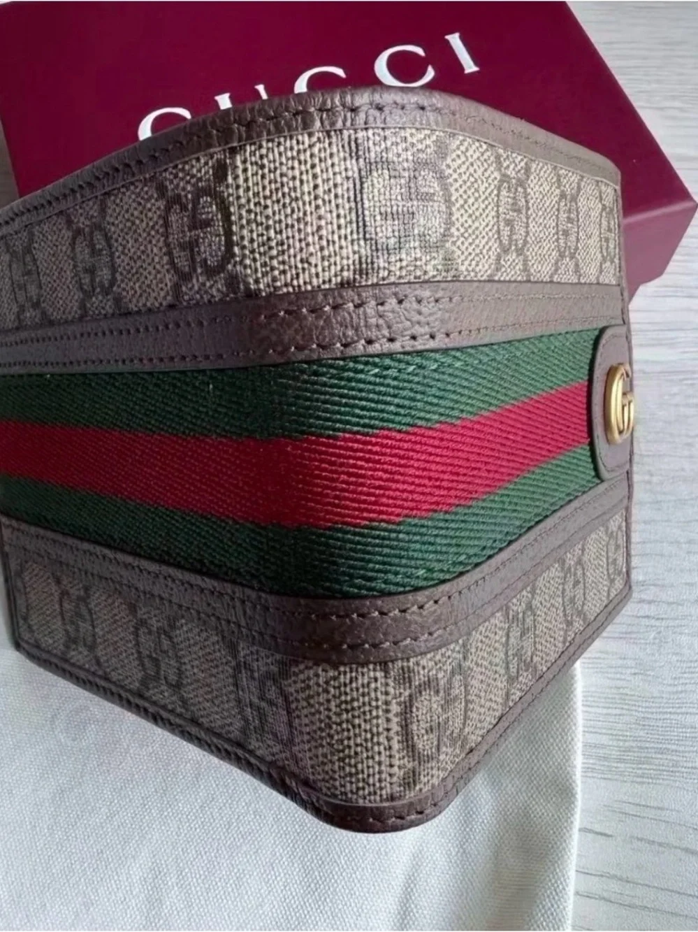 Gucci Brown Leather & Green-Red Web Stripe Card Holder with Gold GG